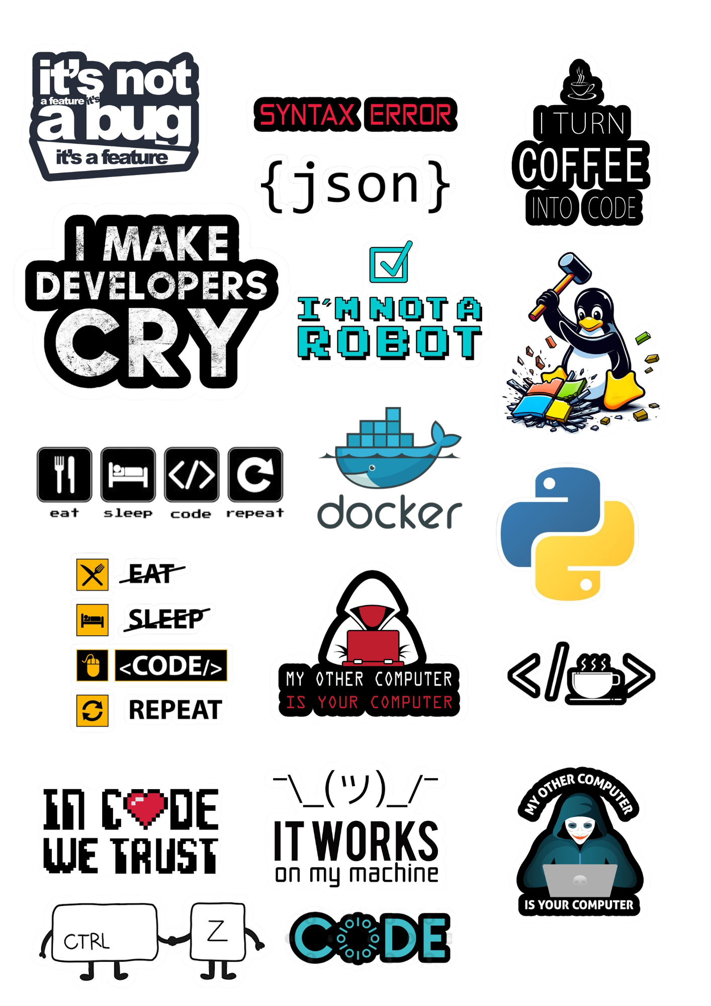 Coding Laptop Sticker Bundle – Developer Vinyl Stickers (Pack of 5, 10, 20)